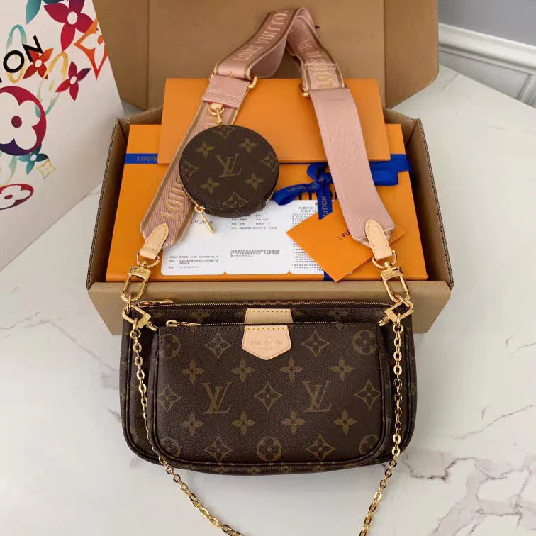 Handmade Leather Crossbody Bag Monogram Brown Multi Pochette
