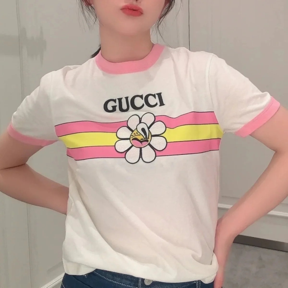 Spring And Summer New Contrast Color Strip Short Sleeve T-shirt 1024042405