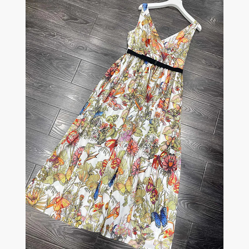 New printed cotton vest dress with waist and large skirt 1024052709