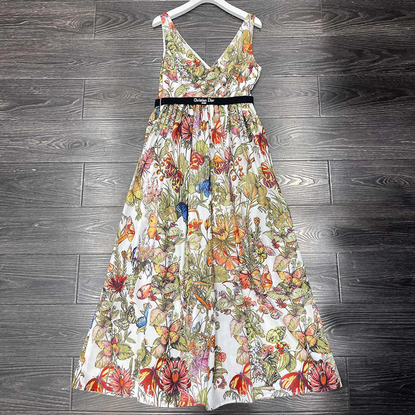 New printed cotton vest dress with waist and large skirt 1024052709