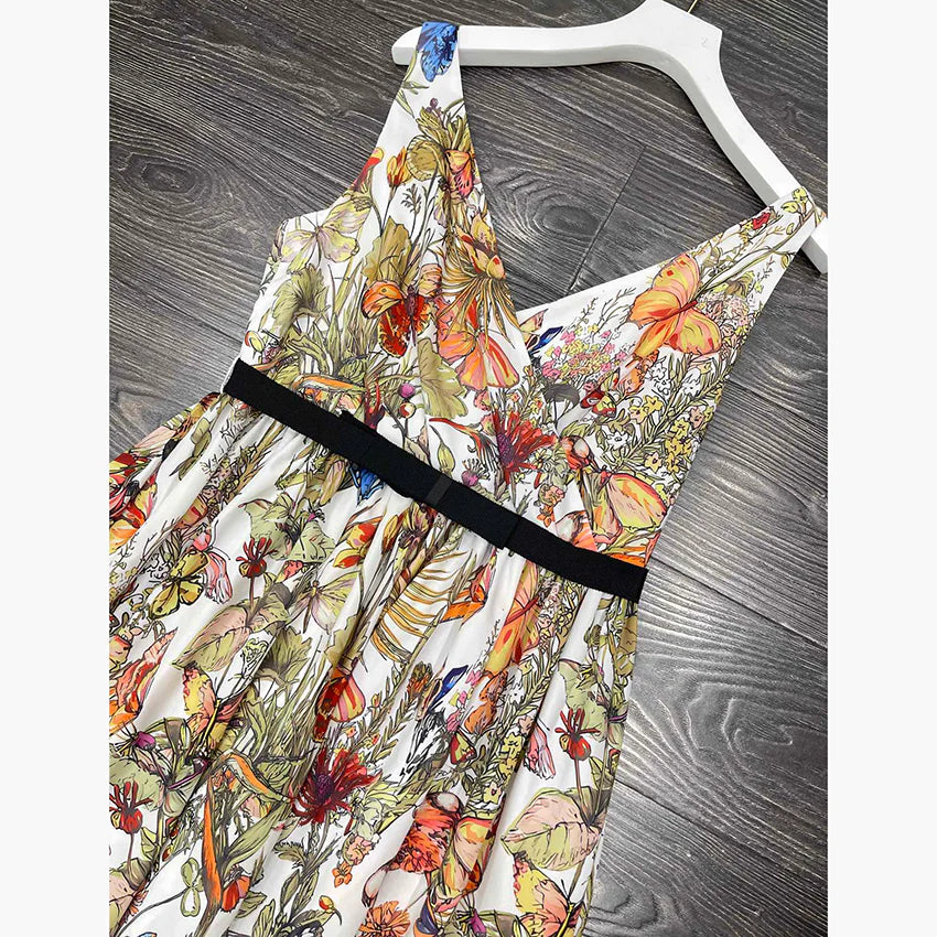 New printed cotton vest dress with waist and large skirt 1024052709