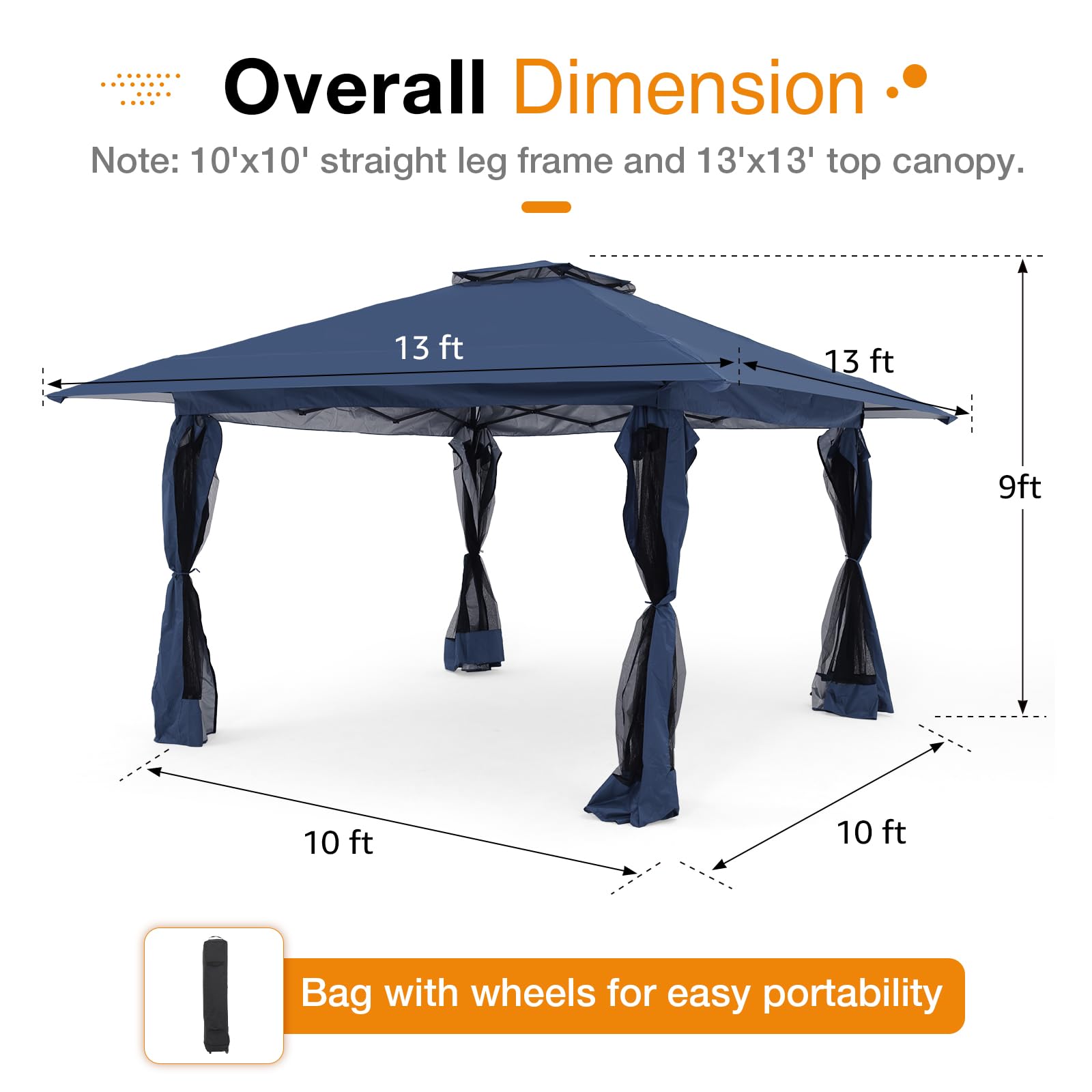13’x13’ Pop Up Gazebo With Mosquito Netting, Outdoor Canopy Tent Shade, 5 colors, Metal Frame