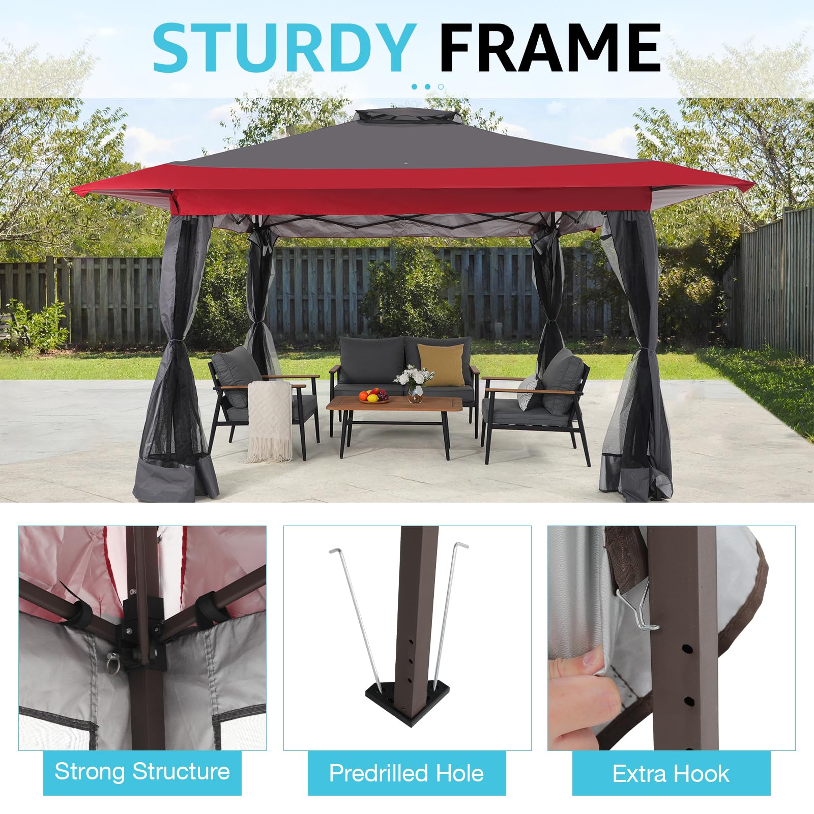 13’x13’ Pop Up Gazebo With Mosquito Netting Outdoor Canopy Tent Shade, Metal Frame