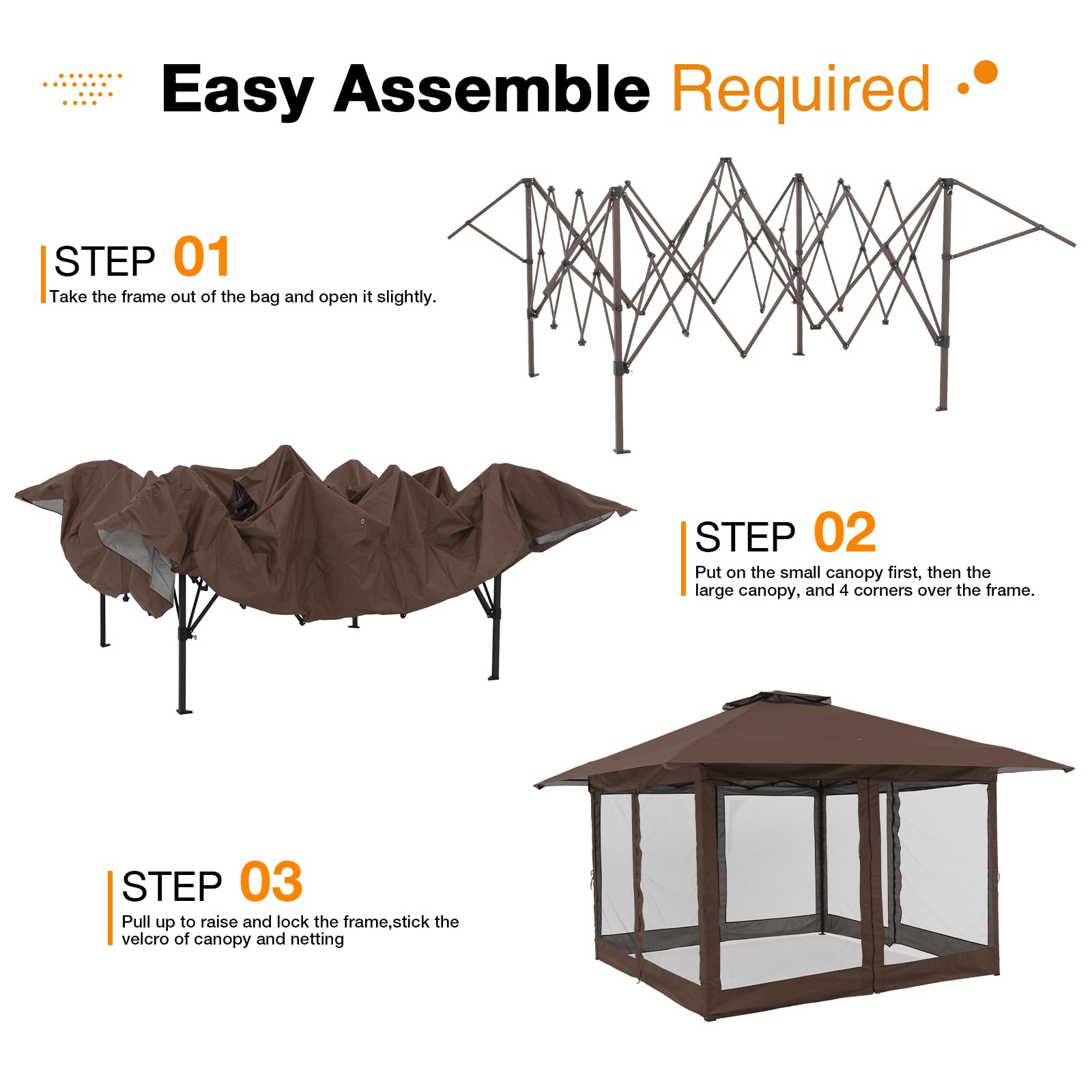 13’x13’ Pop Up Gazebo With Mosquito Netting, Outdoor Canopy Tent Shade, 5 colors, Metal Frame
